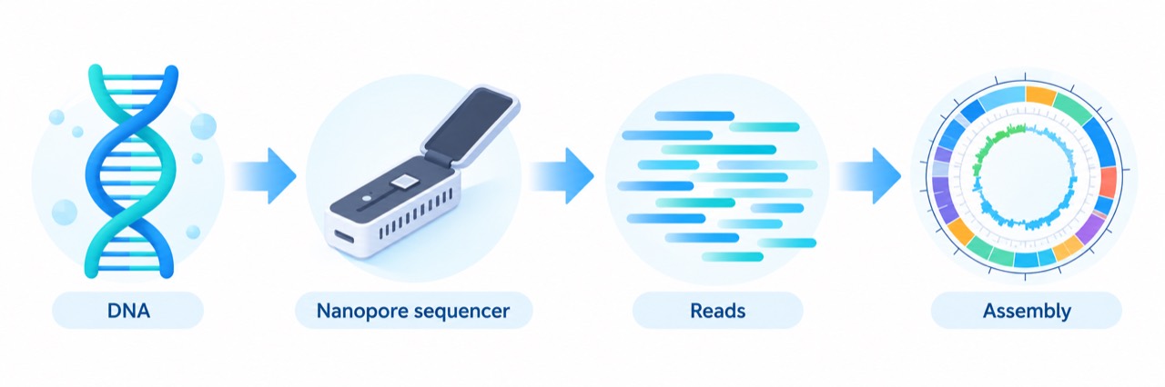 DNAをNanoporeシーケンサーで読み取り、リードからゲノムを組み立てる流れ